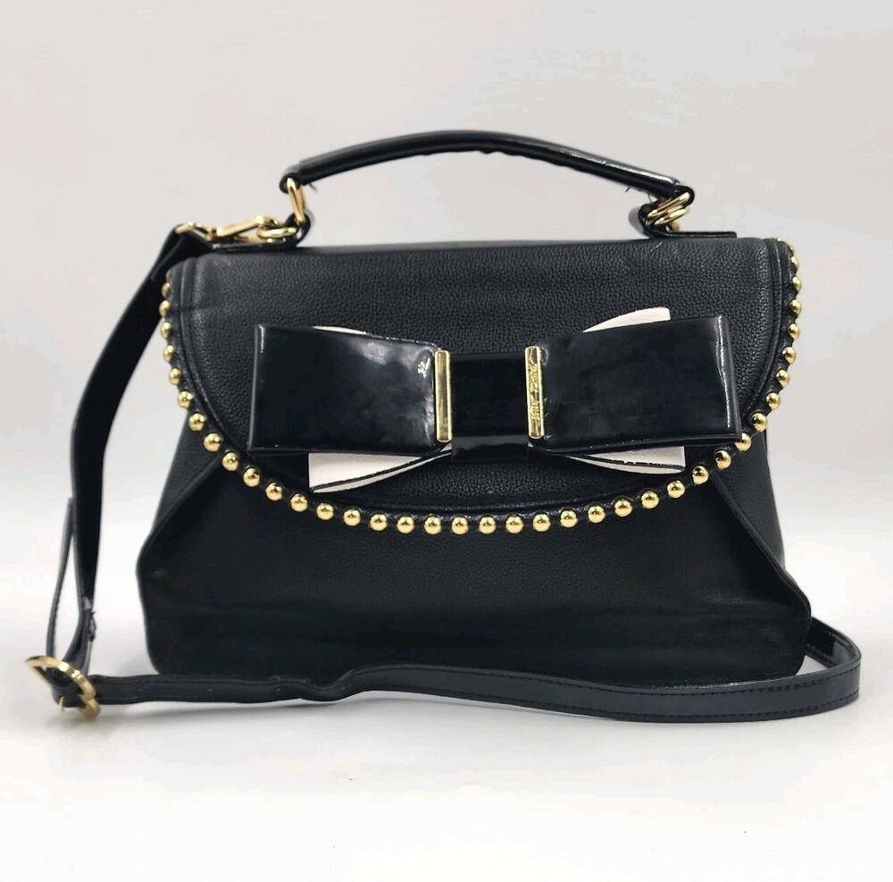 Betsey Johnson Purse Patent Leather Bow Gold Studs Top Handle Crossbody Black